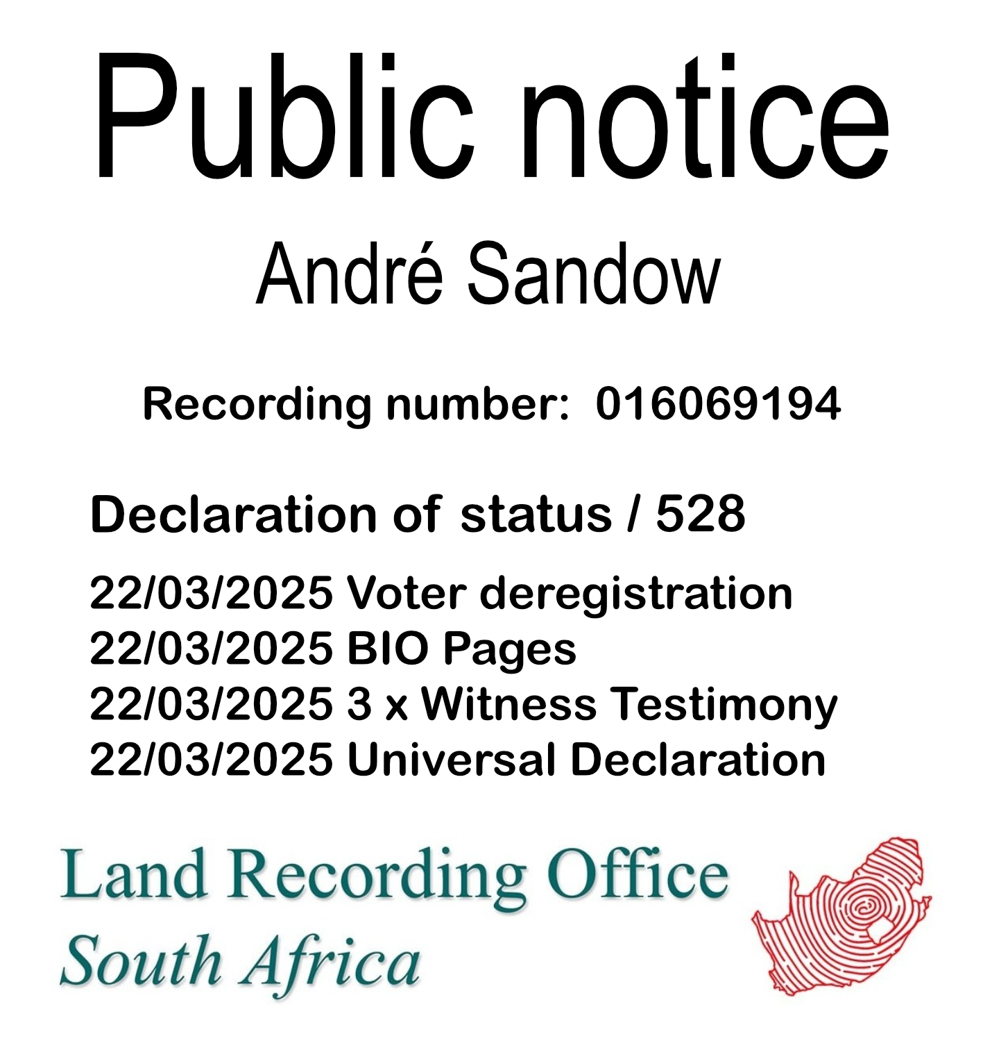 Public Notice André Sandow (c) Recording number 016069194